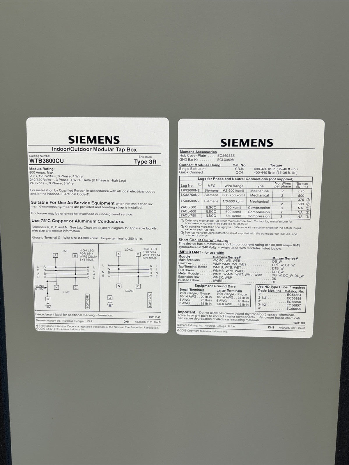 Siemens 800A 3ph Tap Box WTB3800CU Power Mod 120/240V5
