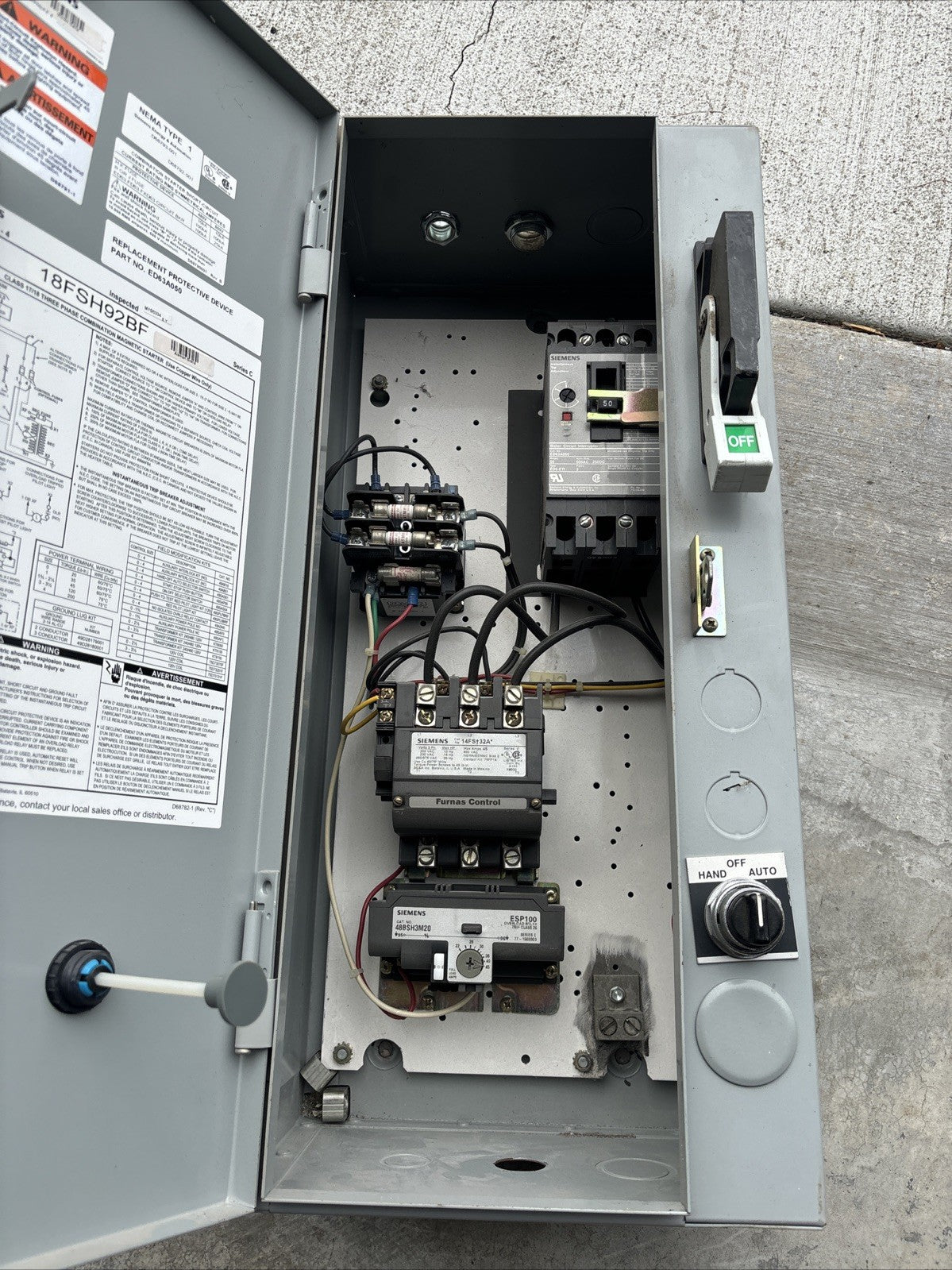 Siemens 18FSH92BF 480V Class 17/18 3 Phase Combination Magnetic Starter NEMA 11