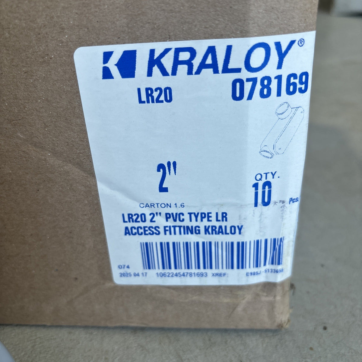 Kraloy 078169 LR20 2'' Type LR Conduit Body Access Fittings Gray PVC Case Of 101