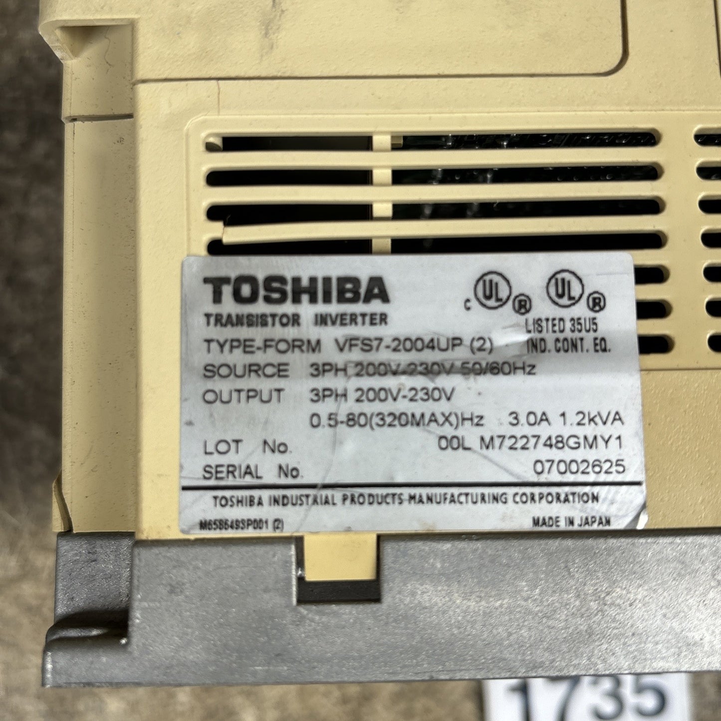 Toshiba VFS7 2004UP Transistor Invertor 3 Phase 3 Amp 200 230 Volts Works Read10