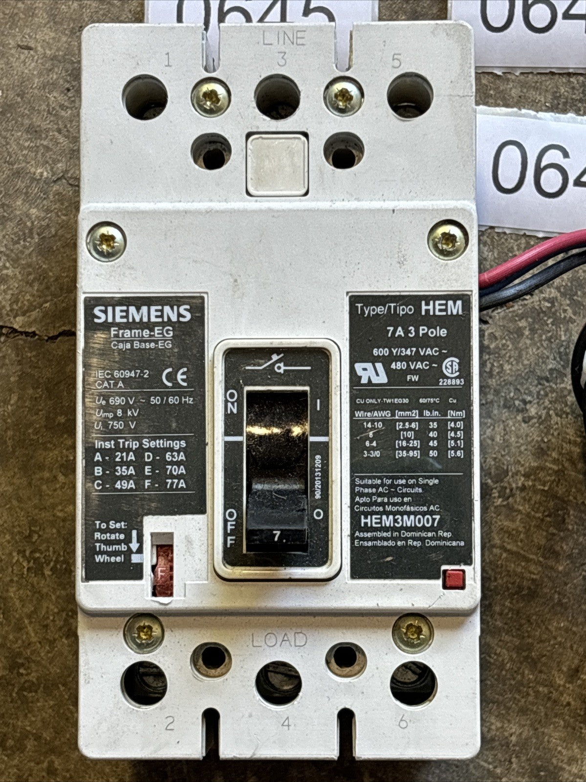 SIEMENS HEM3M007 7Amp 3P 480VAC EG FRAME C.B.1