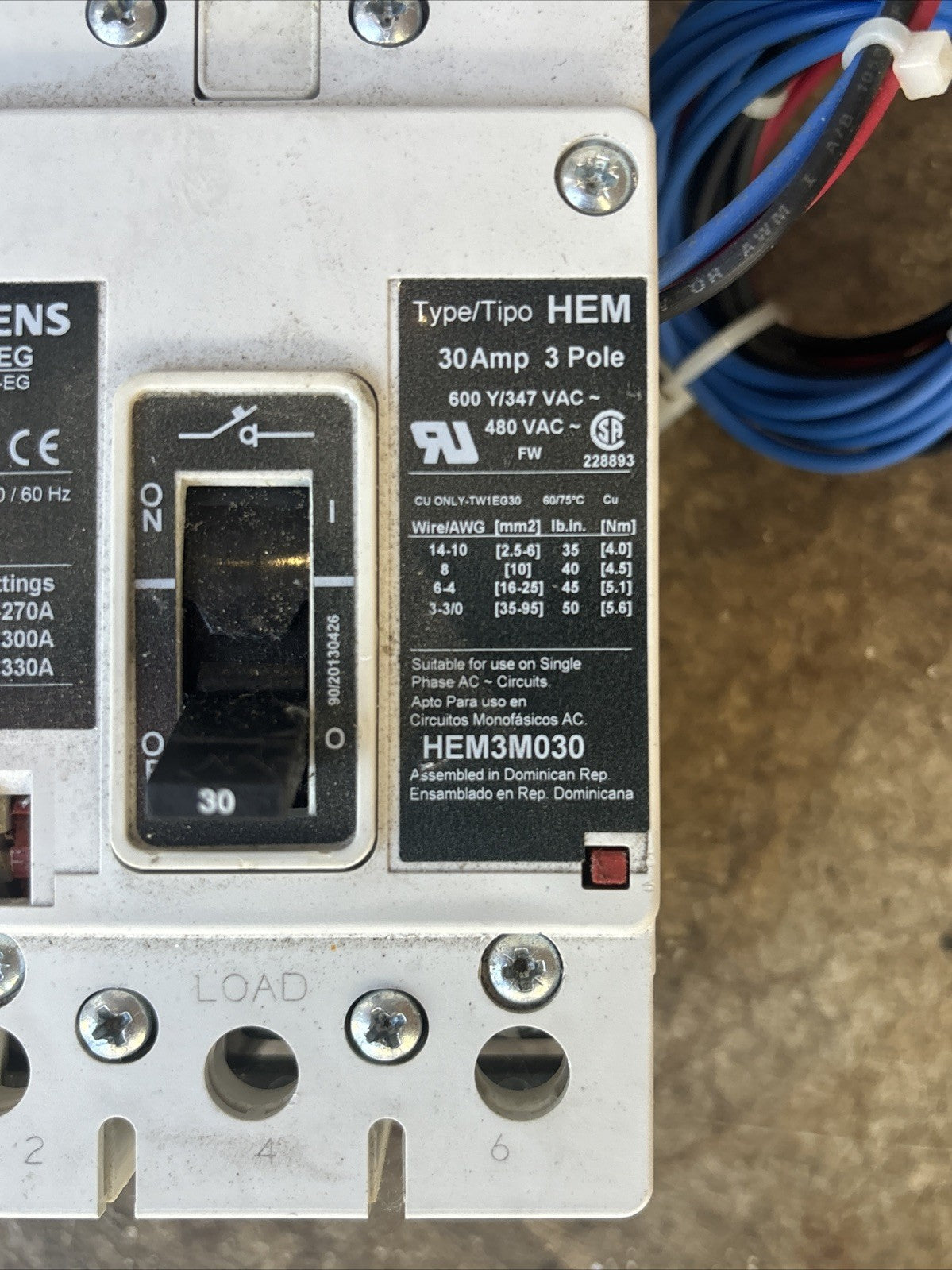 Siemens HEM3M030 Circuit Breaker 30 Amp 3 Pole 480 Vac1
