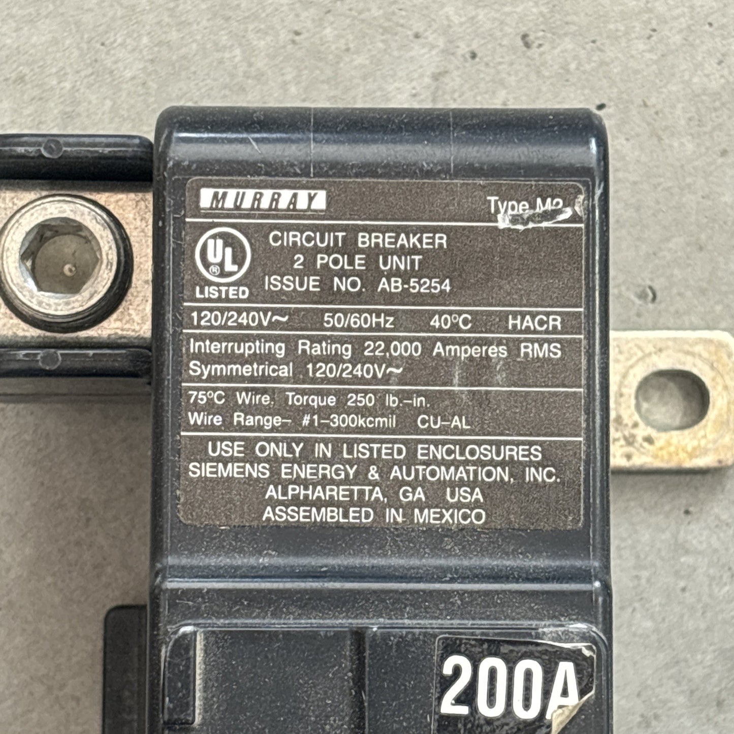 Murray M2 200A 240V 2 Pole M2200  Circuit Breaker1