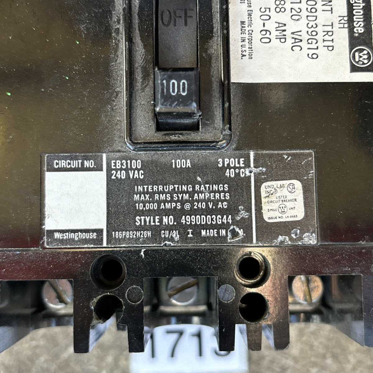 Westinghouse EB3100 100A 240V 3 Pole Circuit Breaker 17JS 1125 F16 Chipped1