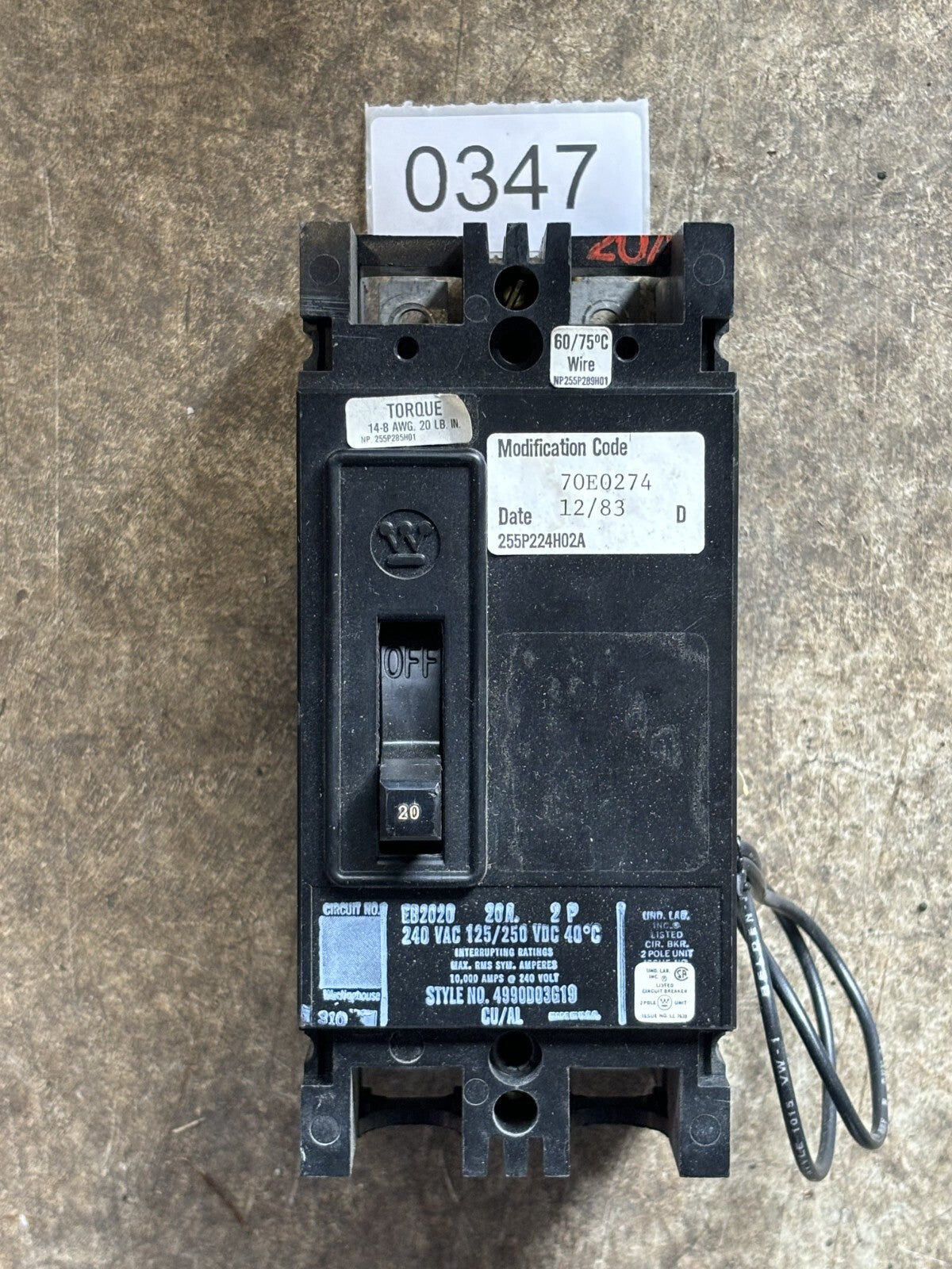 Westinghouse EB2020 Circuit Breaker 2 Poles 240 Vac 20 Amp0