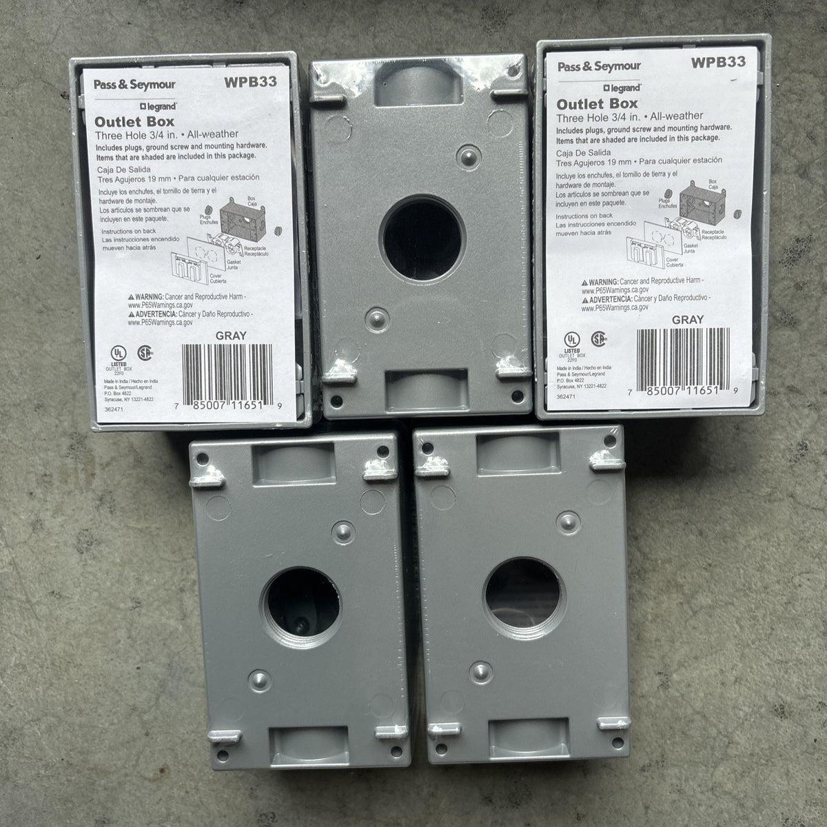 Lot Of 5 Pass & Seymour Three Hole 3/4" All Weather Outlet Box WPB331