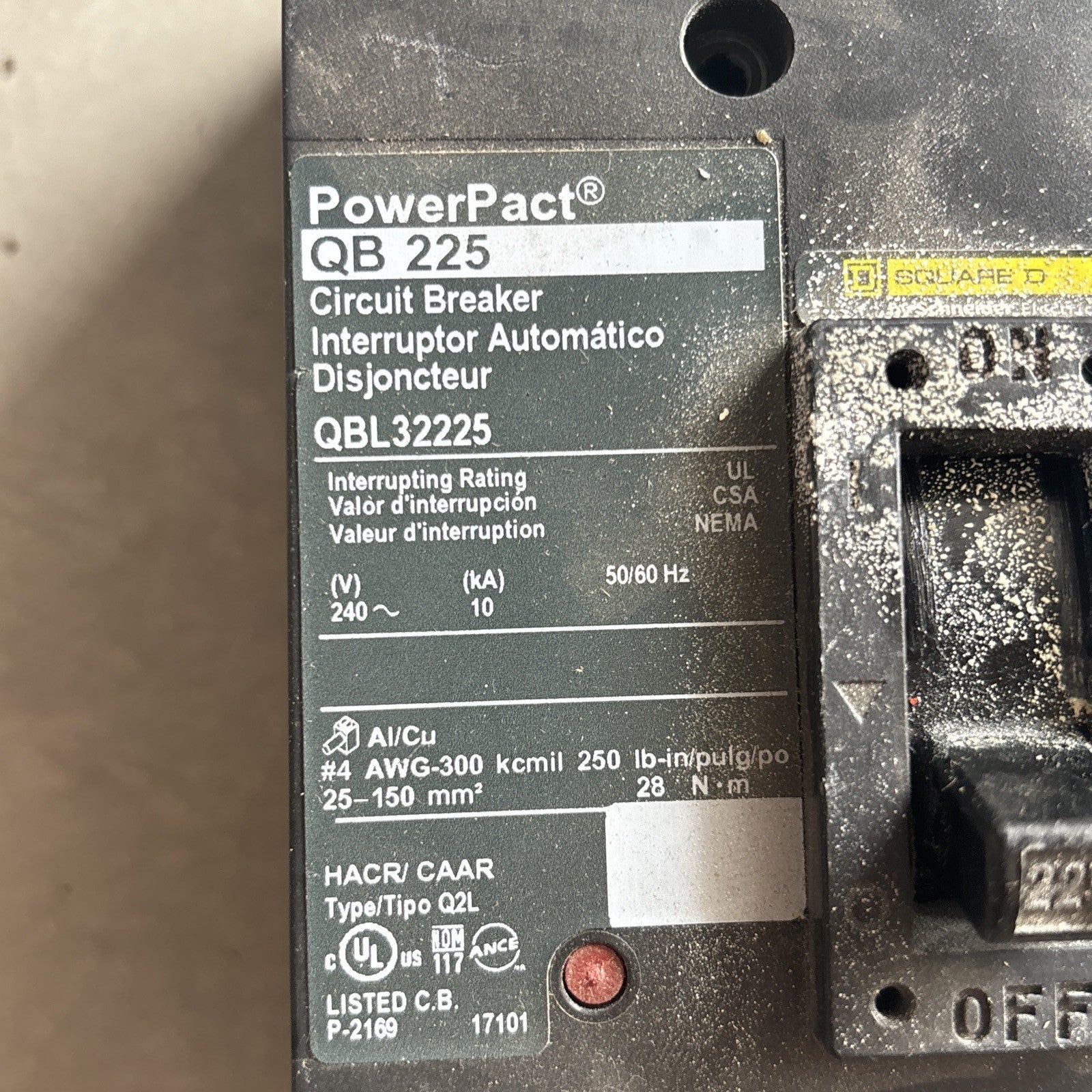 Square D QBL32225 PowerPact Circuit Breaker 225A 240V 3P HACR Type Q2L3
