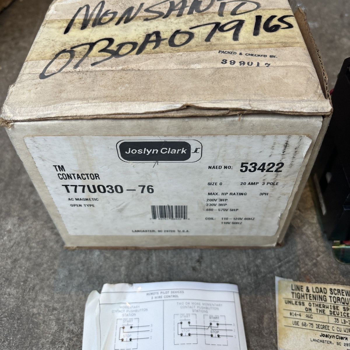 NEW JOSLYN CLARK T77U030 76 CONTACTOR SIZE 0 20A 3 POLE T77U030761