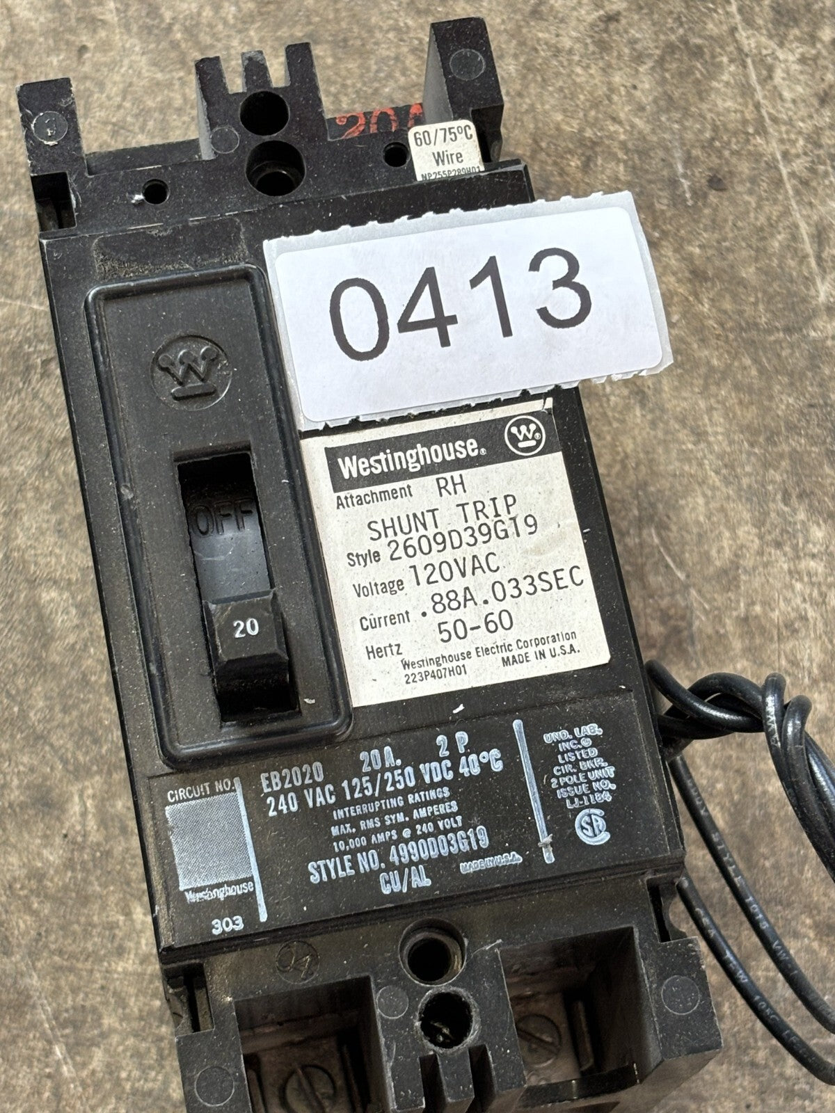 Westinghouse EB2020 Circuit Breaker 2 Poles 240 Vac 20 Amp1