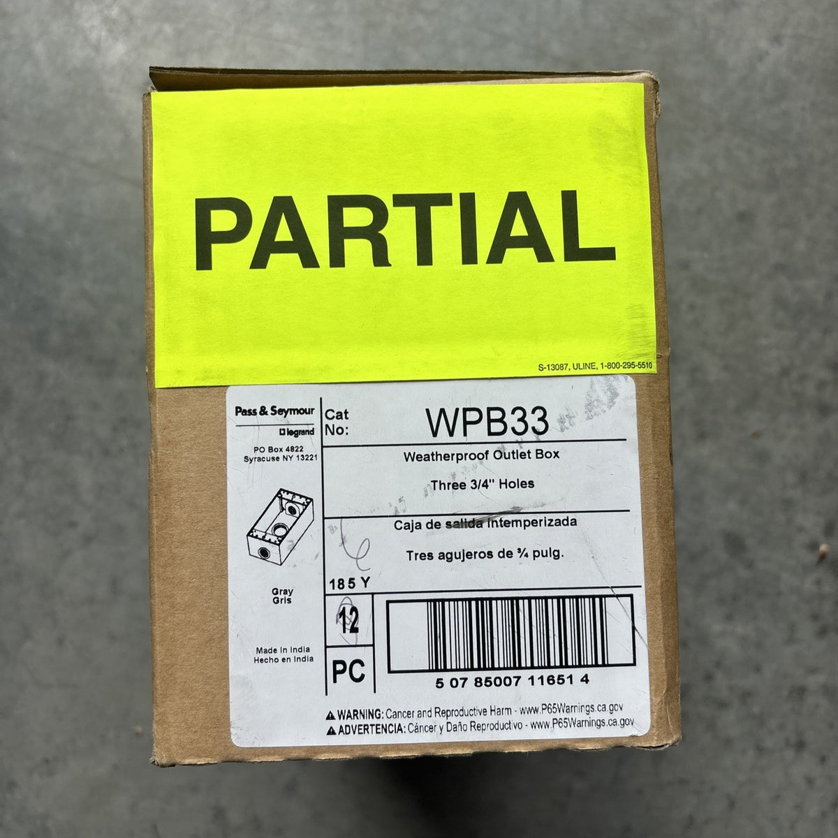 Lot Of 5 Pass & Seymour Three Hole 3/4" All Weather Outlet Box WPB330