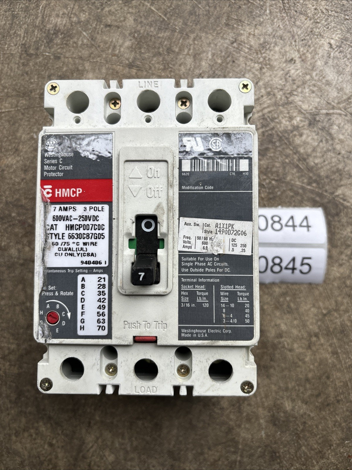 Westinghouse Motor Circuit Protector HMCP007CDC 7 Amp 600 Volt 3 Pole0