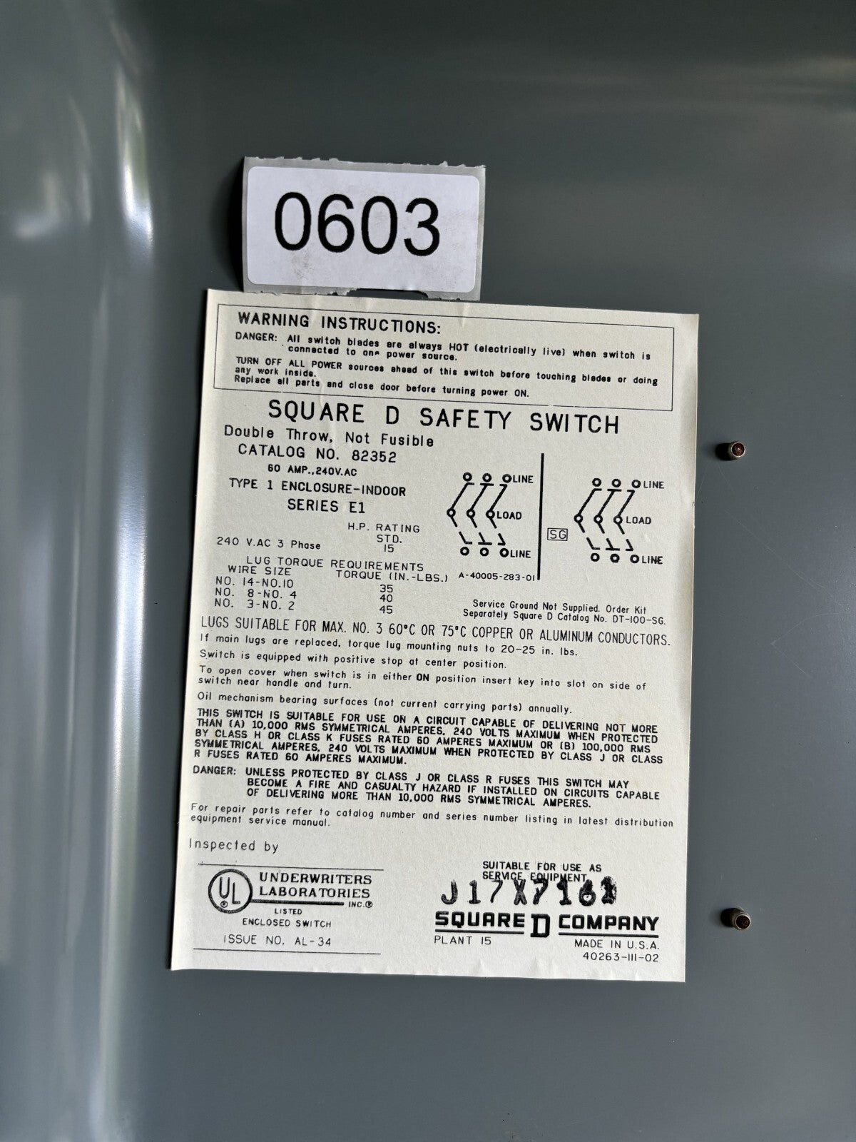 Square D 82352 Non Fusible Double Throw Safety Switch 60 Amp 240 Vac4