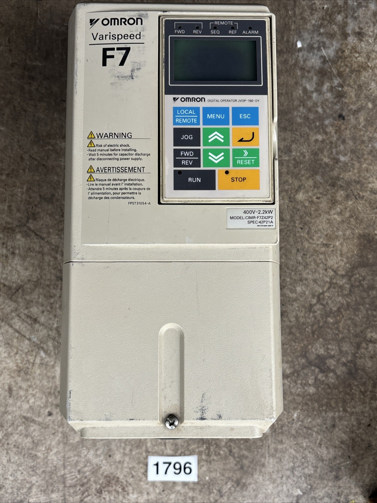 OMRON CIMR F7Z45P5 VARISPEED F7 DRIVE USED, GOOD0