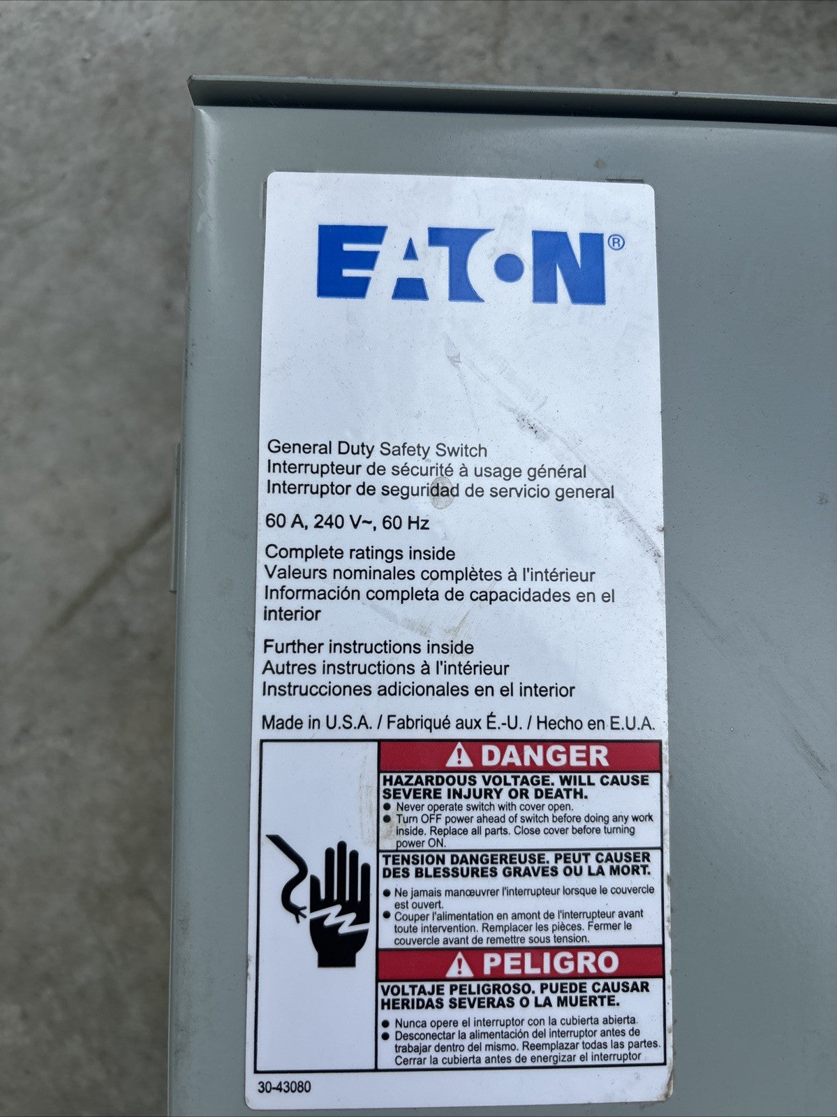 Eaton DG222NRB 60A 240V 2-Pole Fusible Safety Switch Disconnect NEMA 3R 26-3291