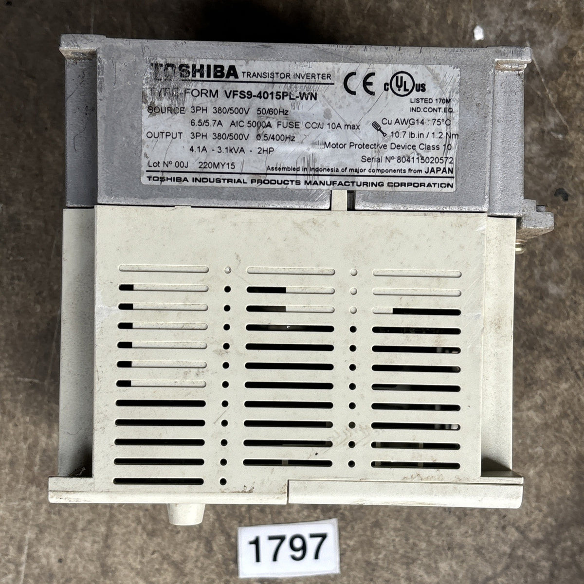 Toshiba VFS9 4015PL WN(1) VFD 0.5/400Hz 2Hp 380/500v 4.1A 3Ph In4