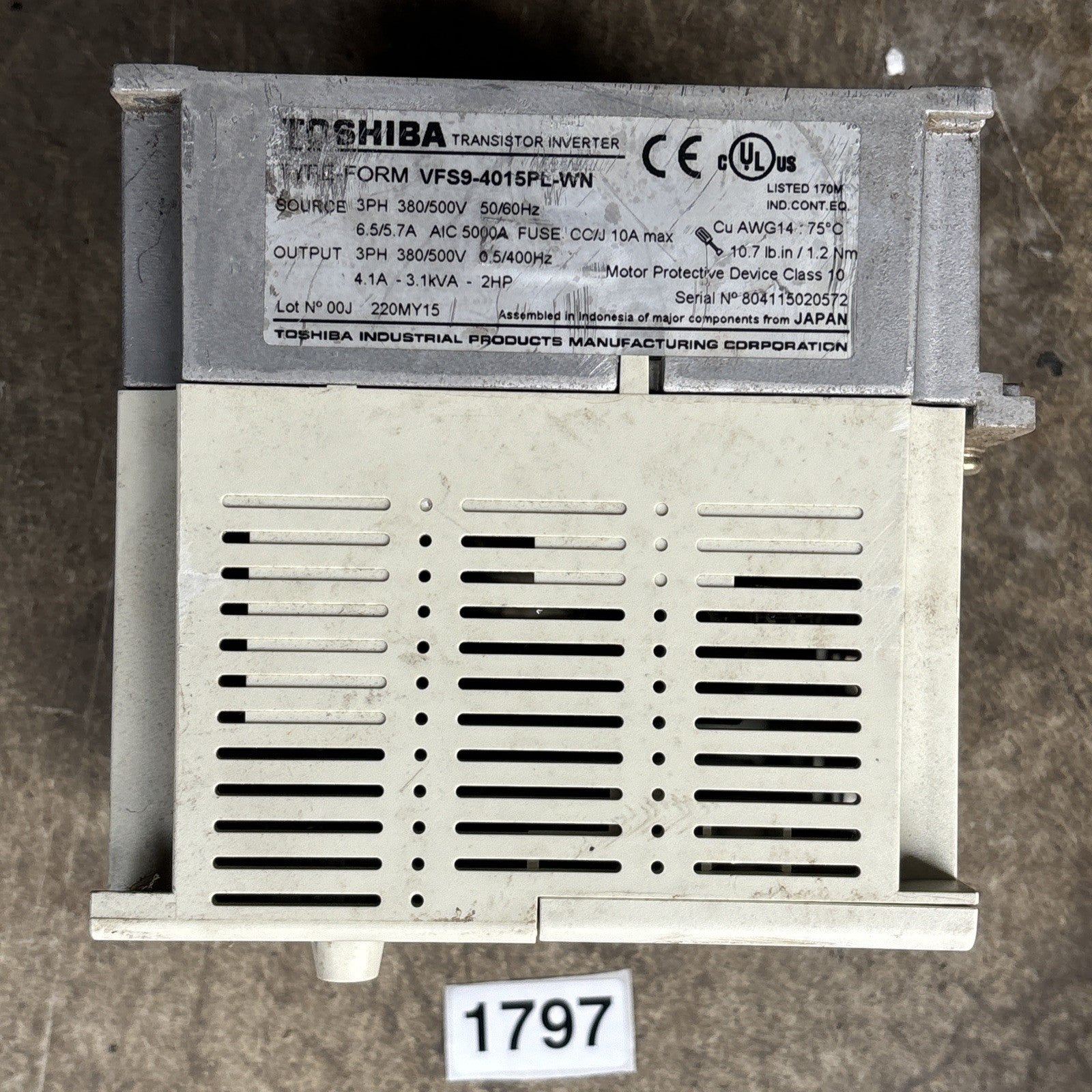 Toshiba VFS9 4015PL WN(1) VFD 0.5/400Hz 2Hp 380/500v 4.1A 3Ph In4