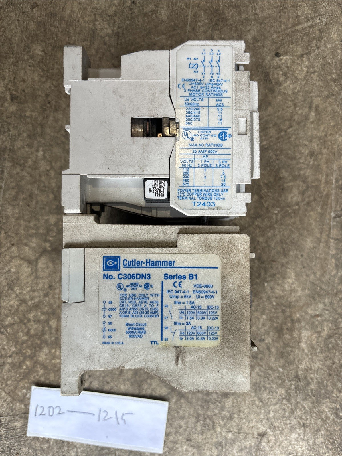 Cutler Hammer CE15DNS3 Contactor, With C306DN3, And C320KGS11