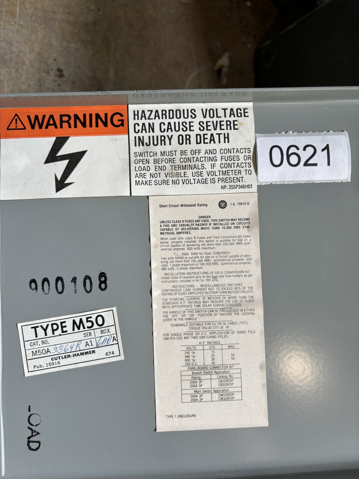Westinghouse FDPS364R Fusible Panel Mount Switch 200 Amp 3 Pole 600 Vac5