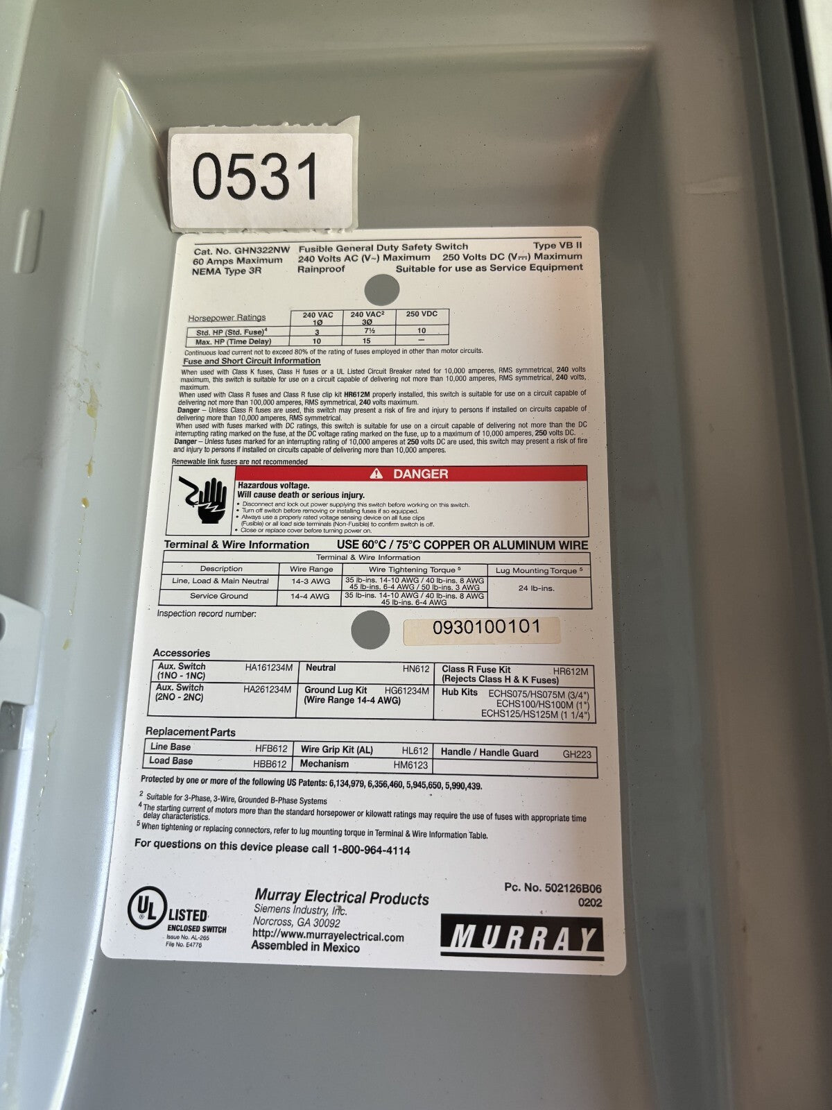 Murray GHN322NW Fusible General Duty Safety Switch 60 Amp 240 Vac3