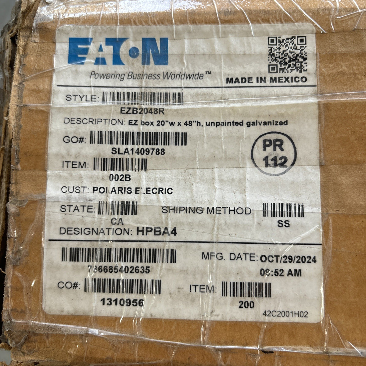 NEW IN BOX  EATON PANELBOARD ENCLOSURE EZB2048R 48" X 20" TYPE 10