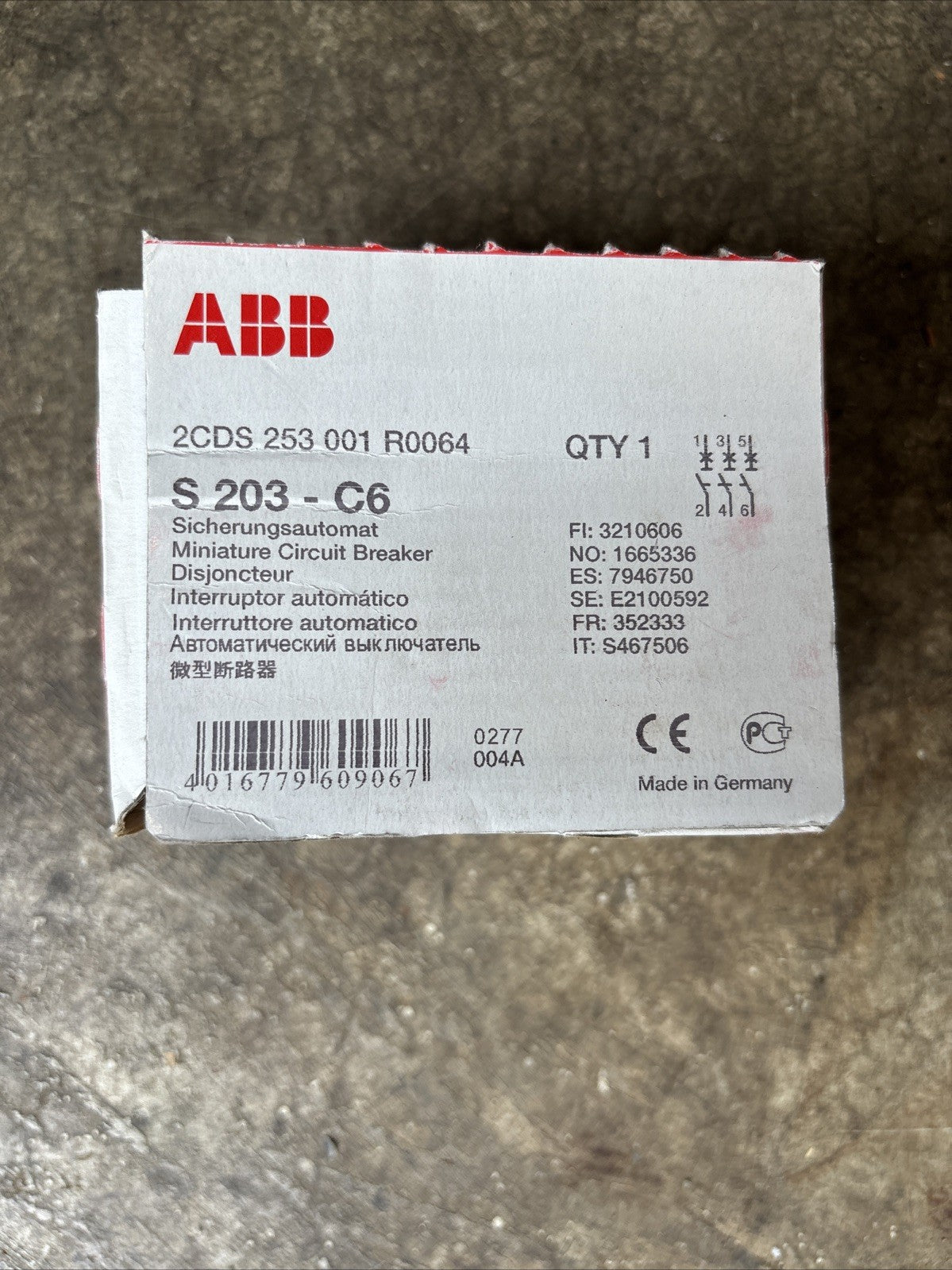 ABB Miniatur Leistungsschalter 2CDS253001R0064 S203 C6   3 polig, typ C, 6 A Neu0