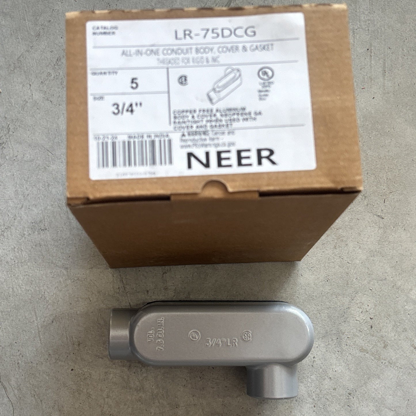 BOX OF 5 NEER LR-75DCG 3/4" ALL-IN-ONE CONDUIT BODY WITH COVER & GASKET1