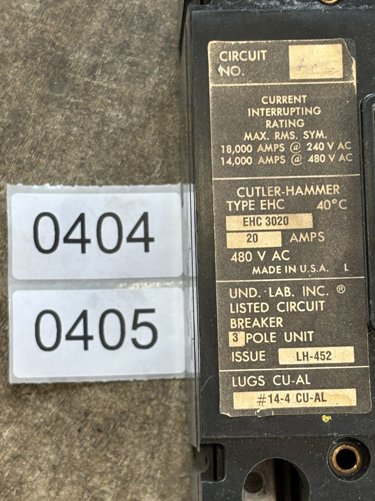 Cutler Hammer EHC3020 Circuit Breaker 20 A 3P 240/480V3