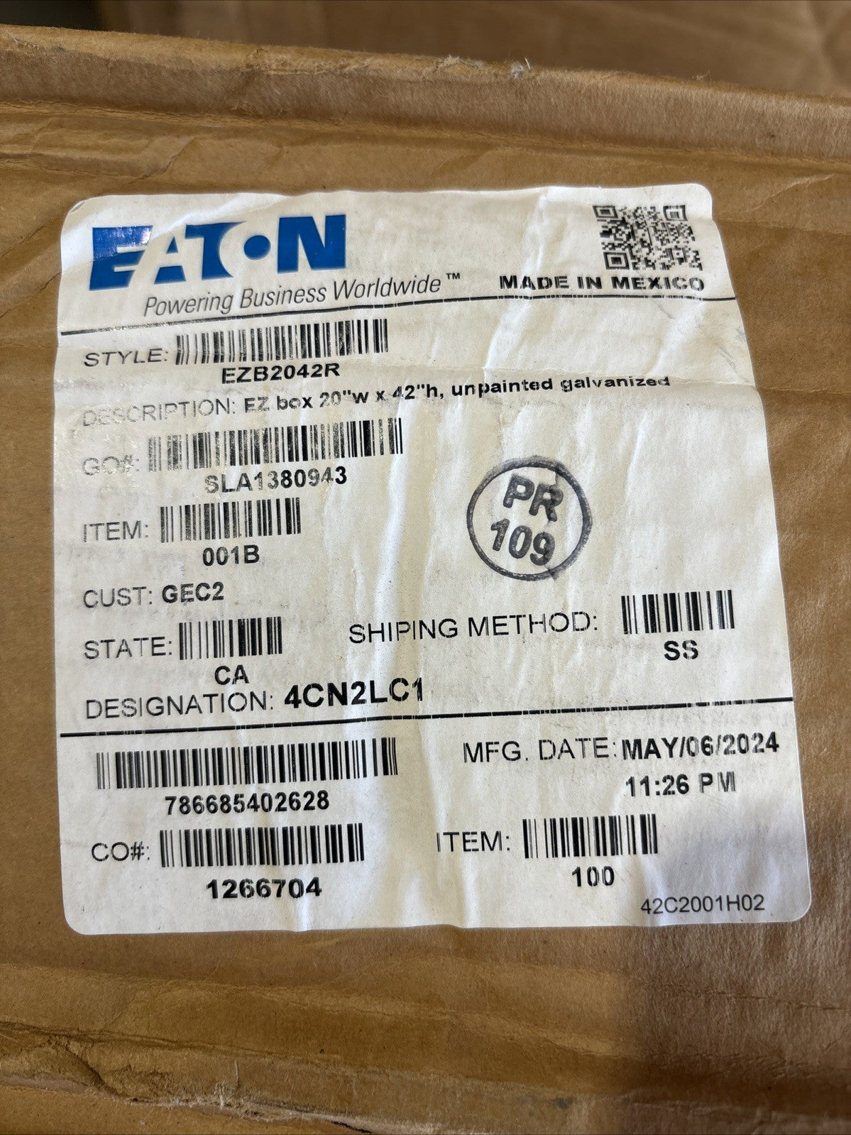 Eaton EZB2042R EZ Box 20" w x 42" h Unpainted Galvanized New In Box0