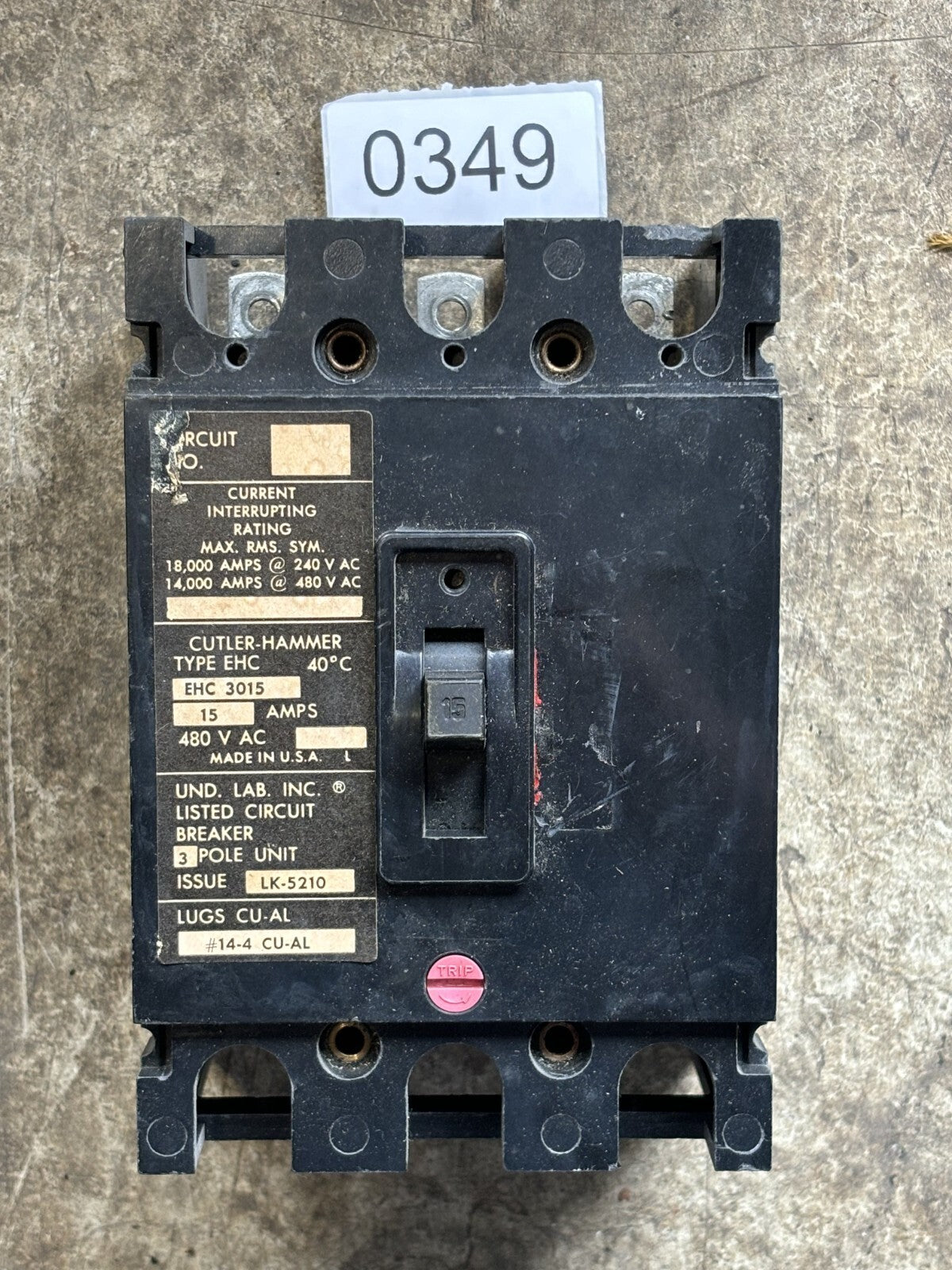 Cutler Hammer EHC3015 Circuit Breaker 15 Amps 3 Poles 480 Vac0