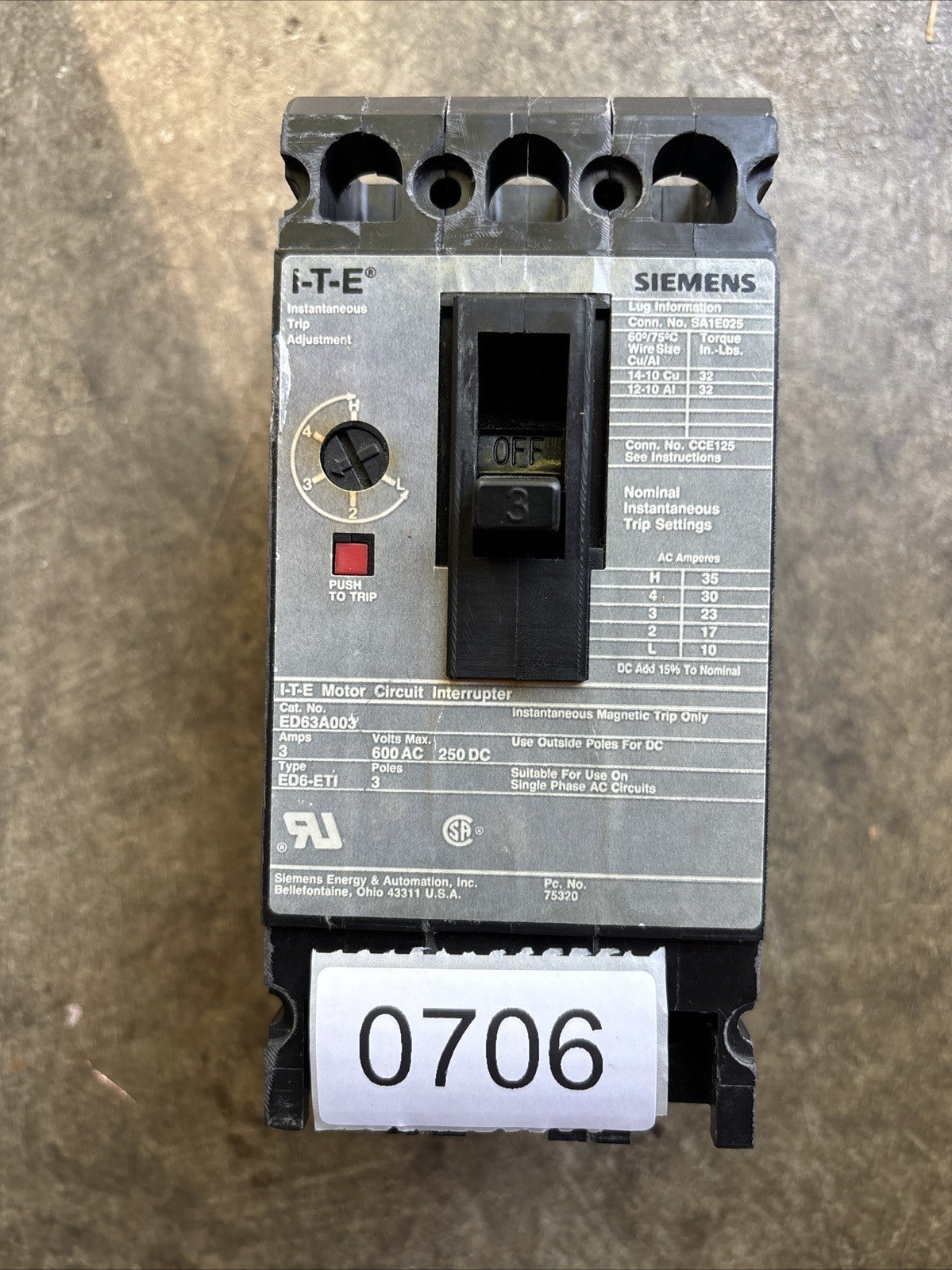 SIEMENS ITE ED63A003 TYPE ED6 ETI 3 POLE 3 AMP MOTOR CIRCUIT INTERRUPTER BREAKER0