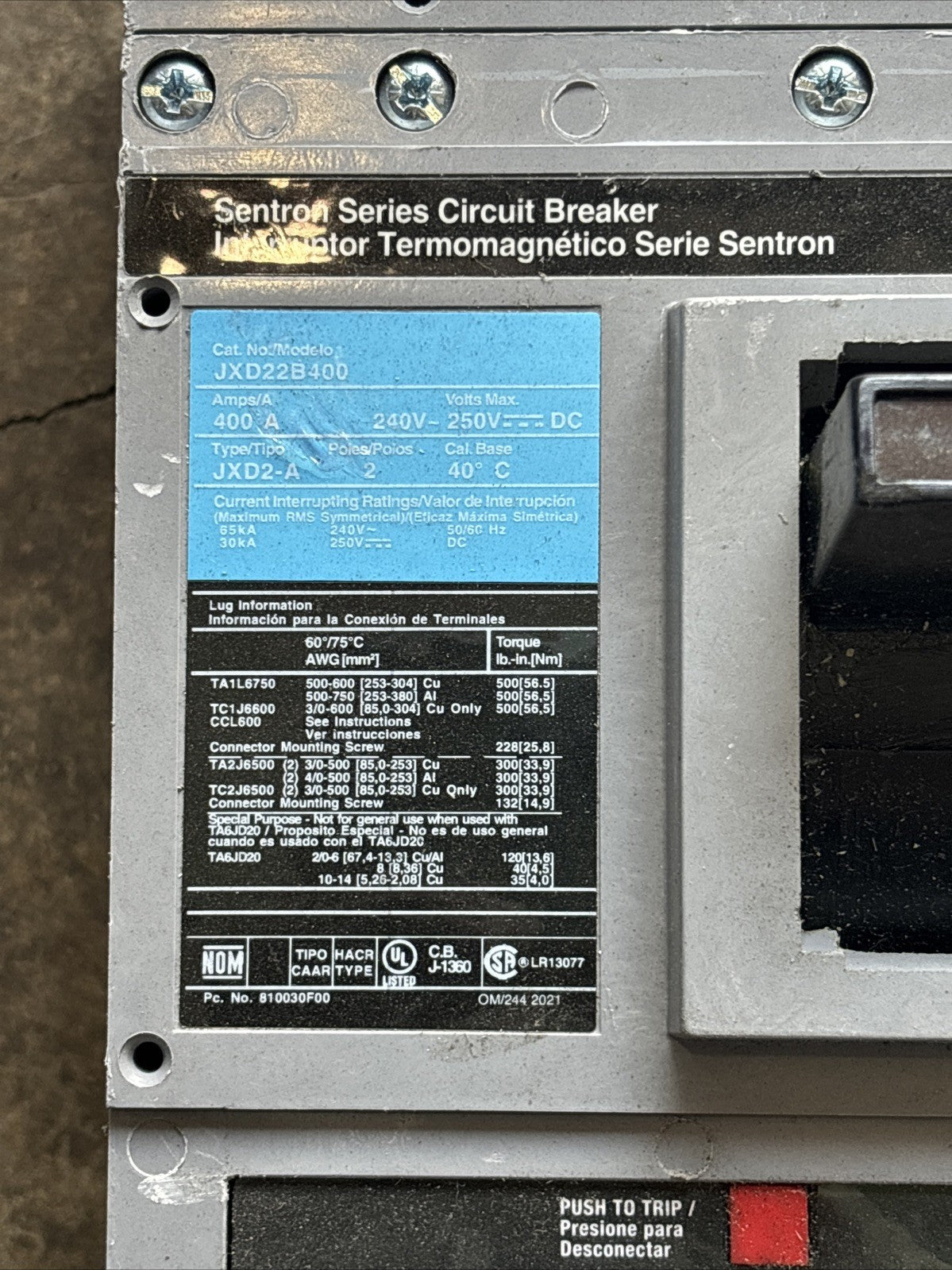 SIEMENS JXD22B400 SENTRON SERIES 400 AMP BREAKER Read1