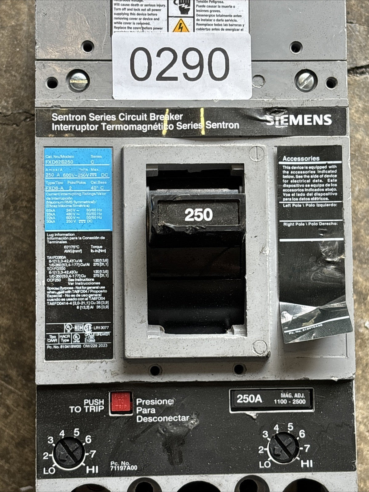 Siemens FXD63B250 Circuit Breaker 250A 3P 600V 3PH FXD6 250 Amp Tested Works3