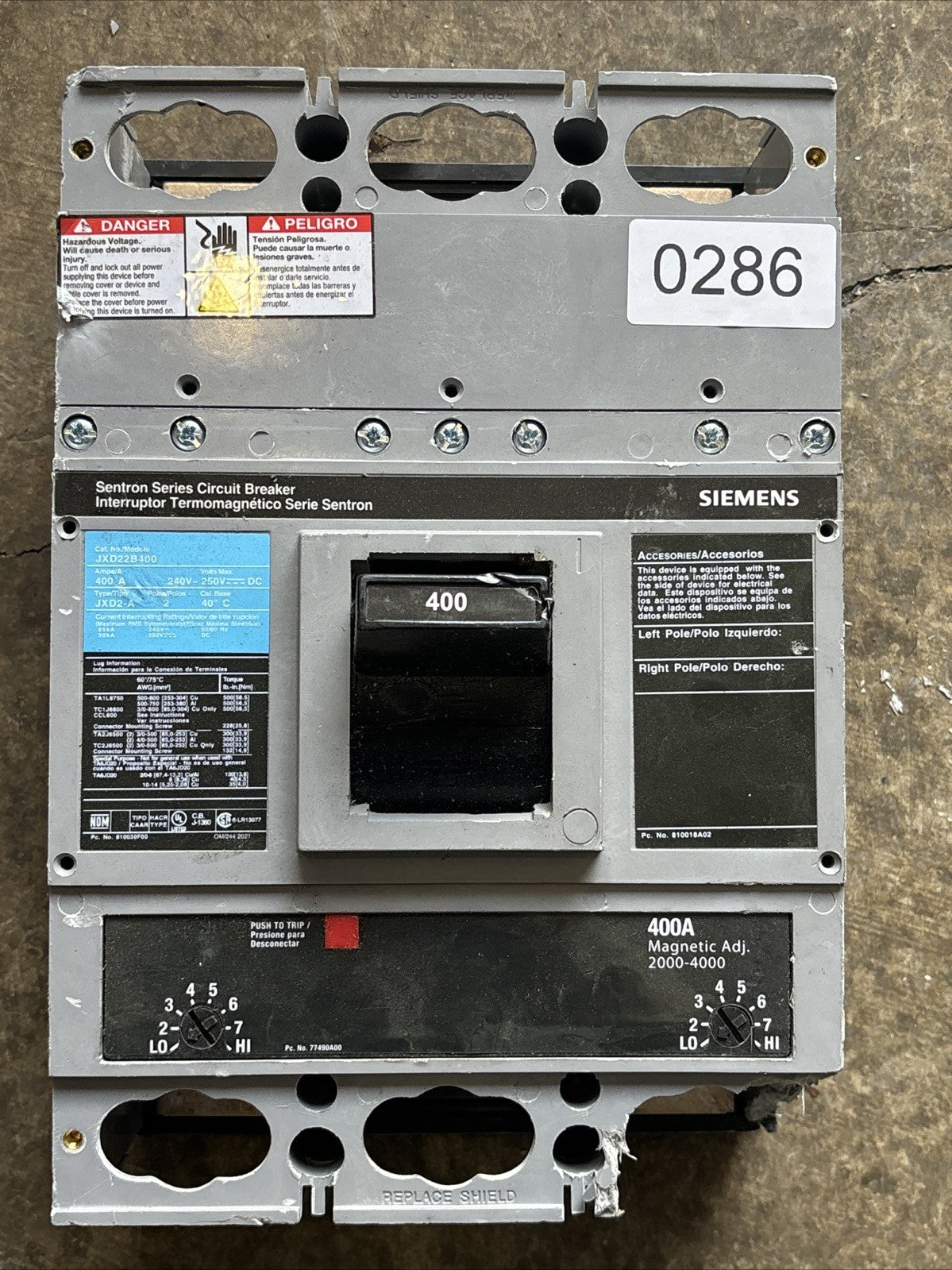 SIEMENS JXD22B400 SENTRON SERIES 400 AMP BREAKER Read0