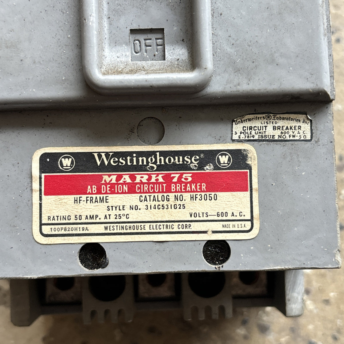 WESTINGHOUSE MARK 75 HF3050 50 AMP 600V 3 POLE BREAKER1
