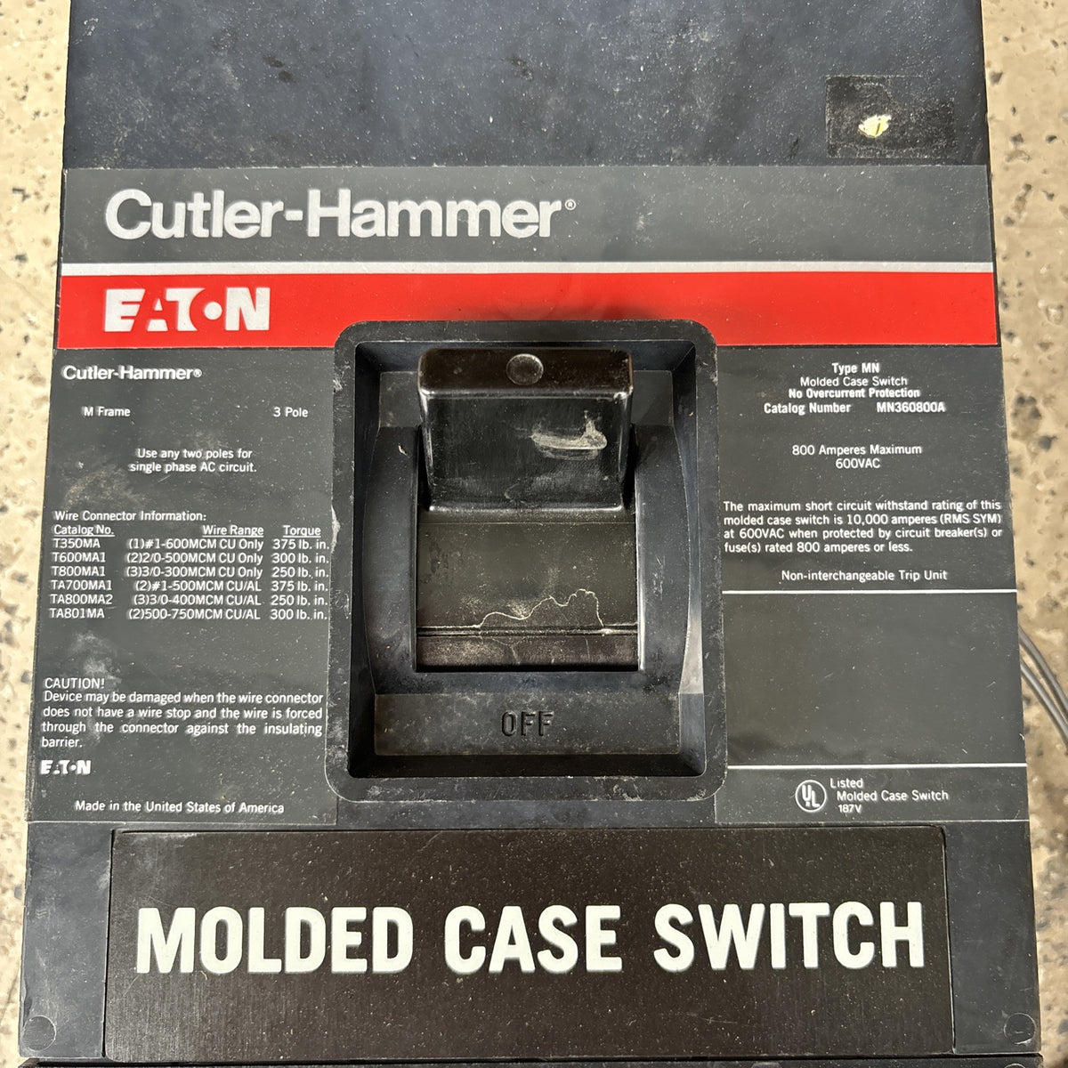 Eaton/Cutler Hammer MN360800A 800 Amp 3 Pole 600VAC Molded Case Switch1
