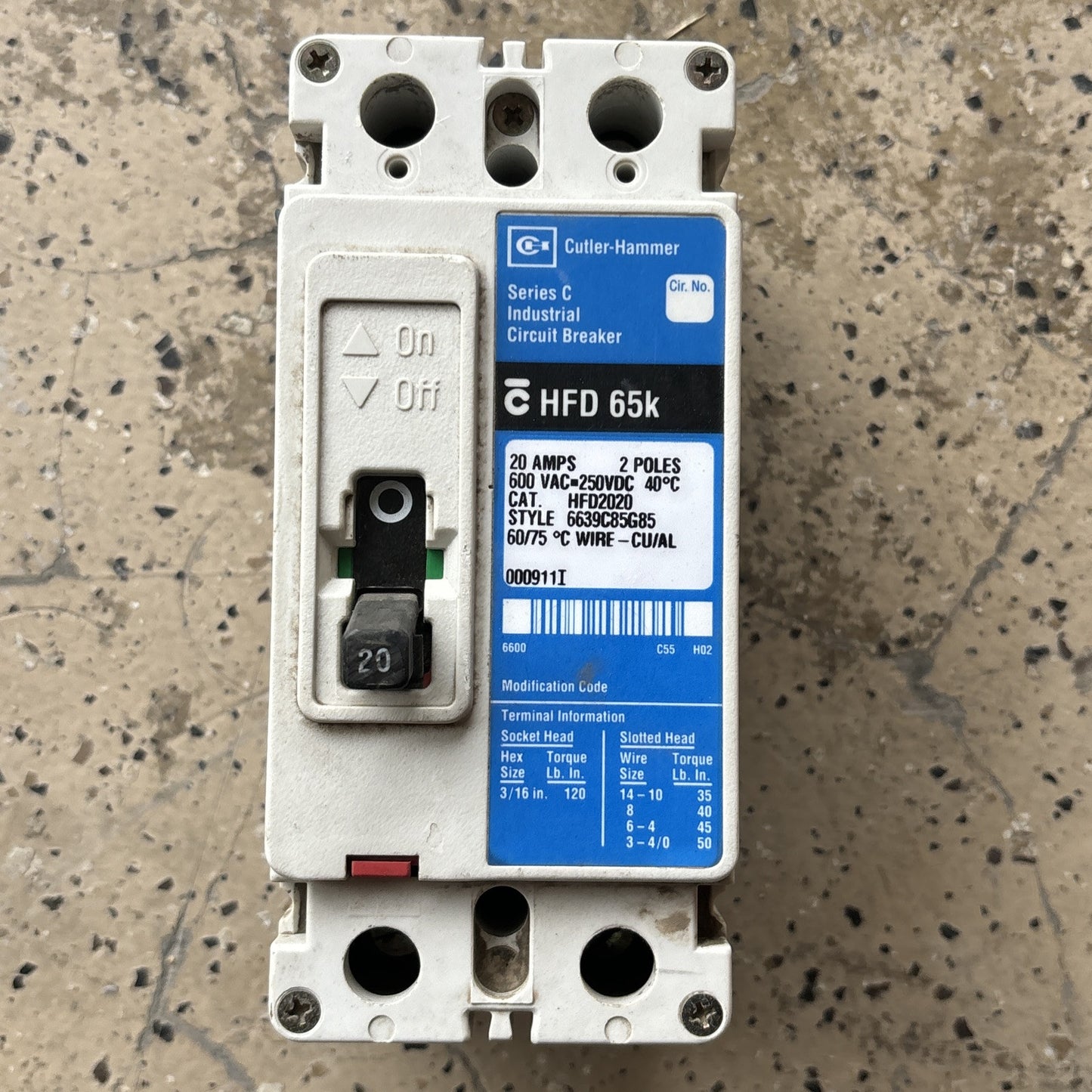 CUTLER HAMMER HFD2020 20 AMP 600 VOLT 2P 65K Circuit Breaker SHIPS SAMER DAY0