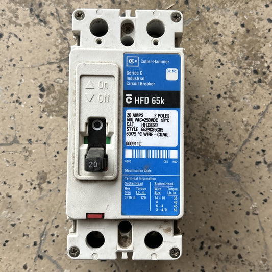 CUTLER HAMMER HFD2020 20 AMP 600 VOLT 2P 65K Circuit Breaker SHIPS SAMER DAY0