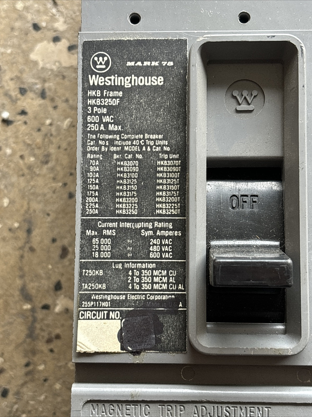 Westinghouse HKB3250F 250A Circuit Breaker w/ 250 Amp Trip 600V 3P1