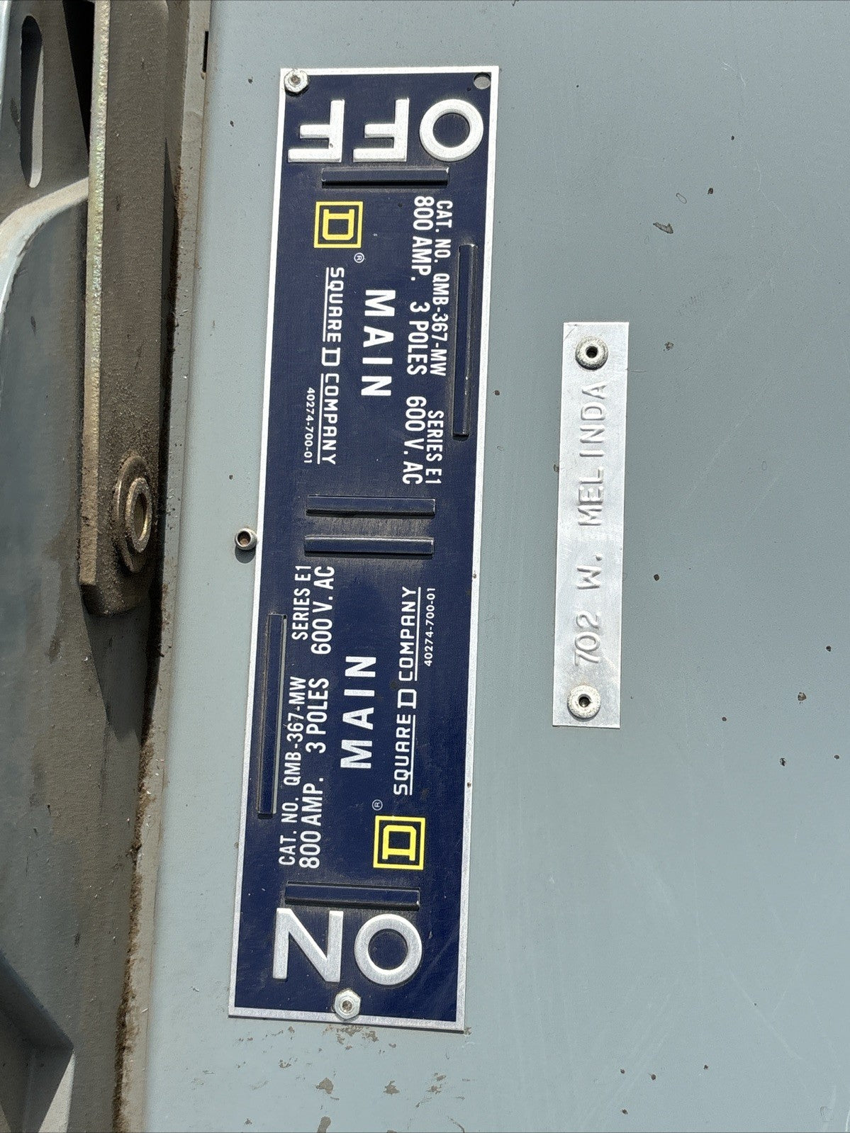 Square D QMB367MW Used Fusible Main Panel Switch 800A, 600Volt 3 Phase1