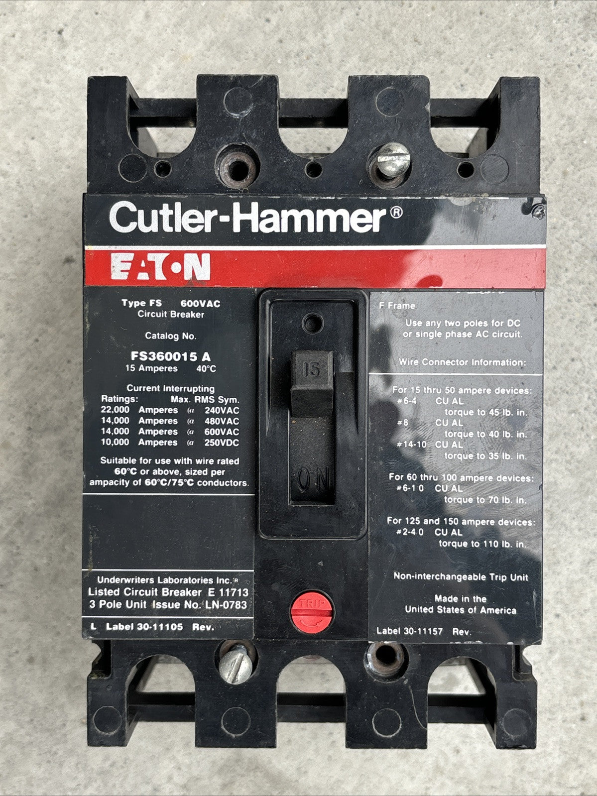 Cutler Hammer FS360015A 15 Amp FS 600 V 3 Pole0