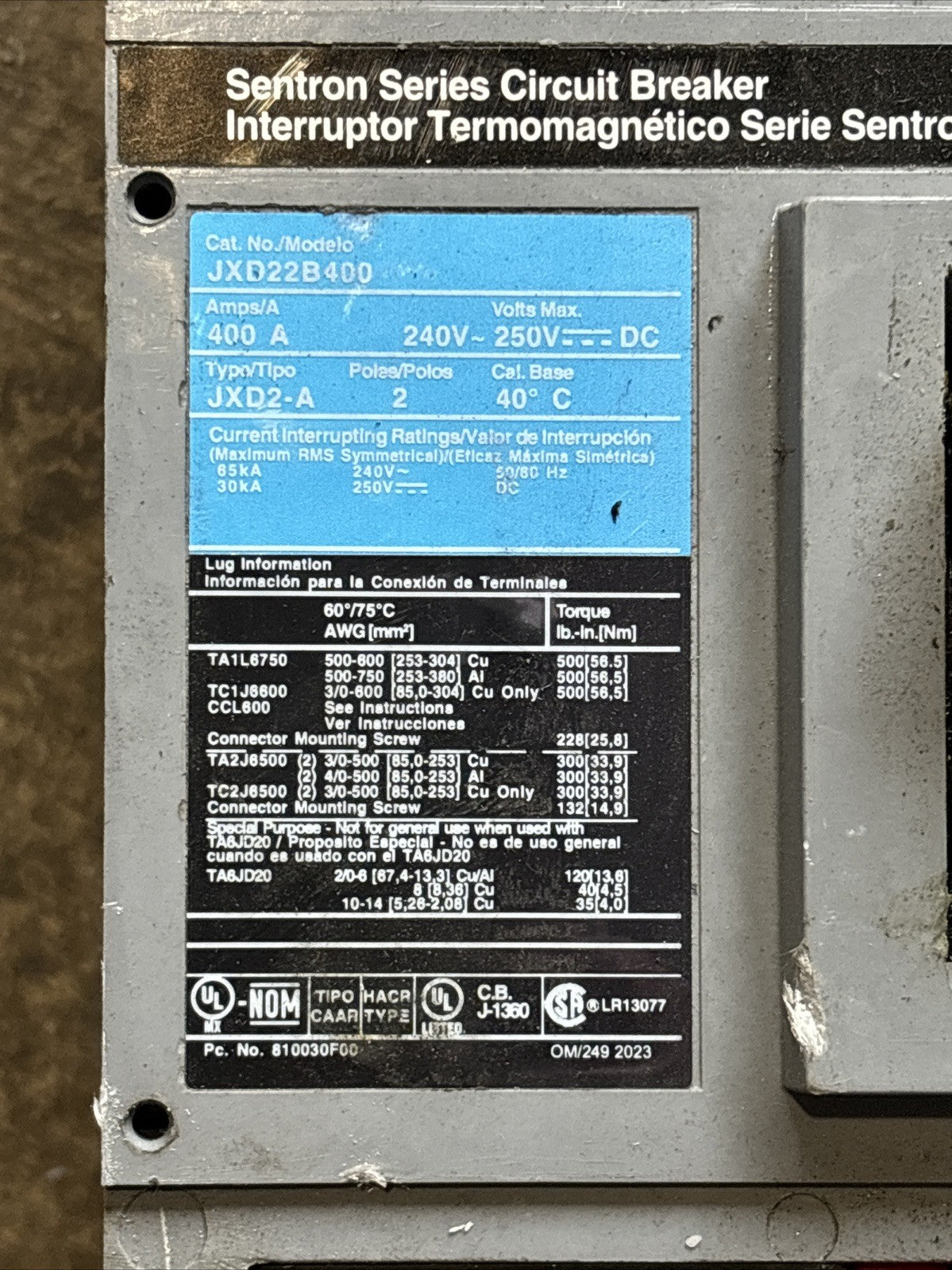 SIEMENS JXD22B400 SENTRON SERIES 400 AMP BREAKER1