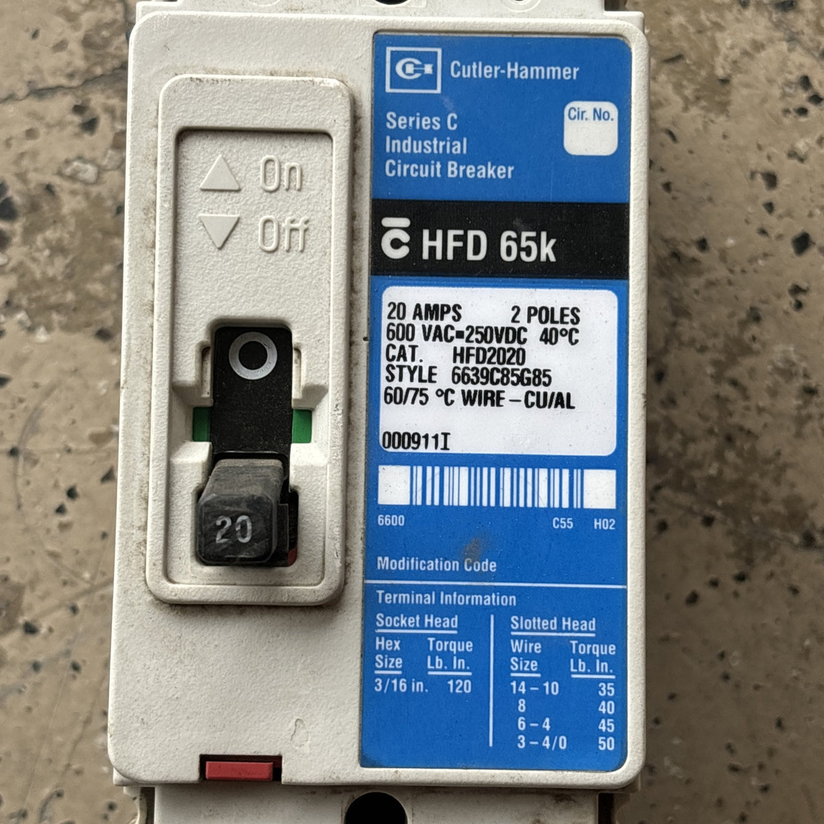 CUTLER HAMMER HFD2020 20 AMP 600 VOLT 2P 65K Circuit Breaker SHIPS SAMER DAY1