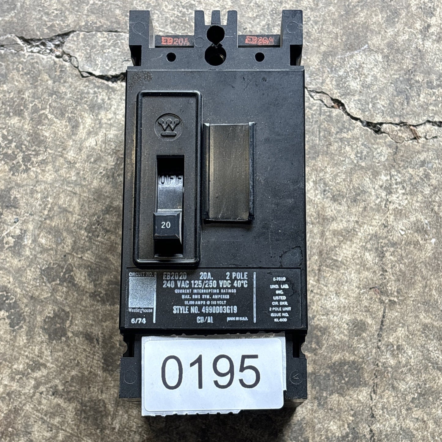 Westinghouse EB2020 20 Amp Circuit Breaker 240V 4990D03G19 2 Pole0