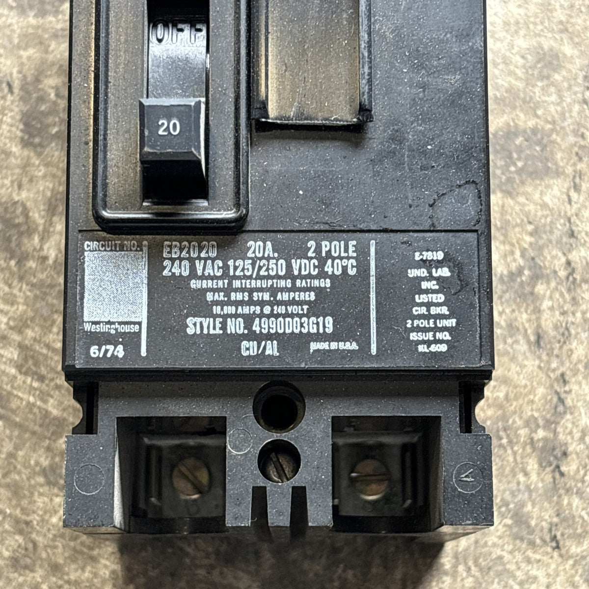 Westinghouse EB2020 20 Amp Circuit Breaker 240V 4990D03G19 2 Pole1