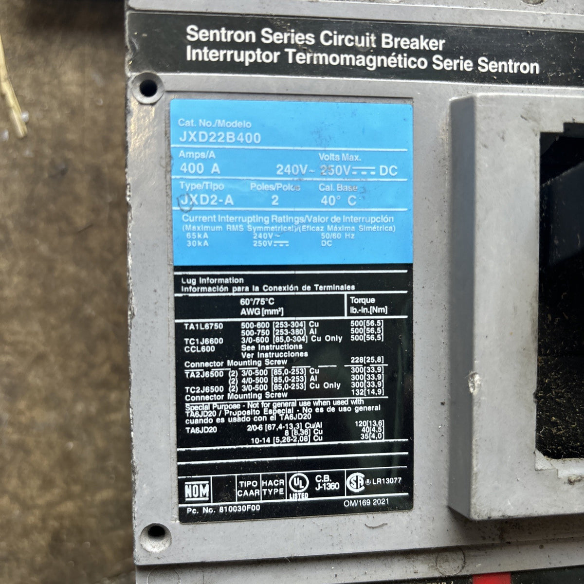 SIEMENS JXD22B400 SENTRON SERIES 400 AMP BREAKER Read1