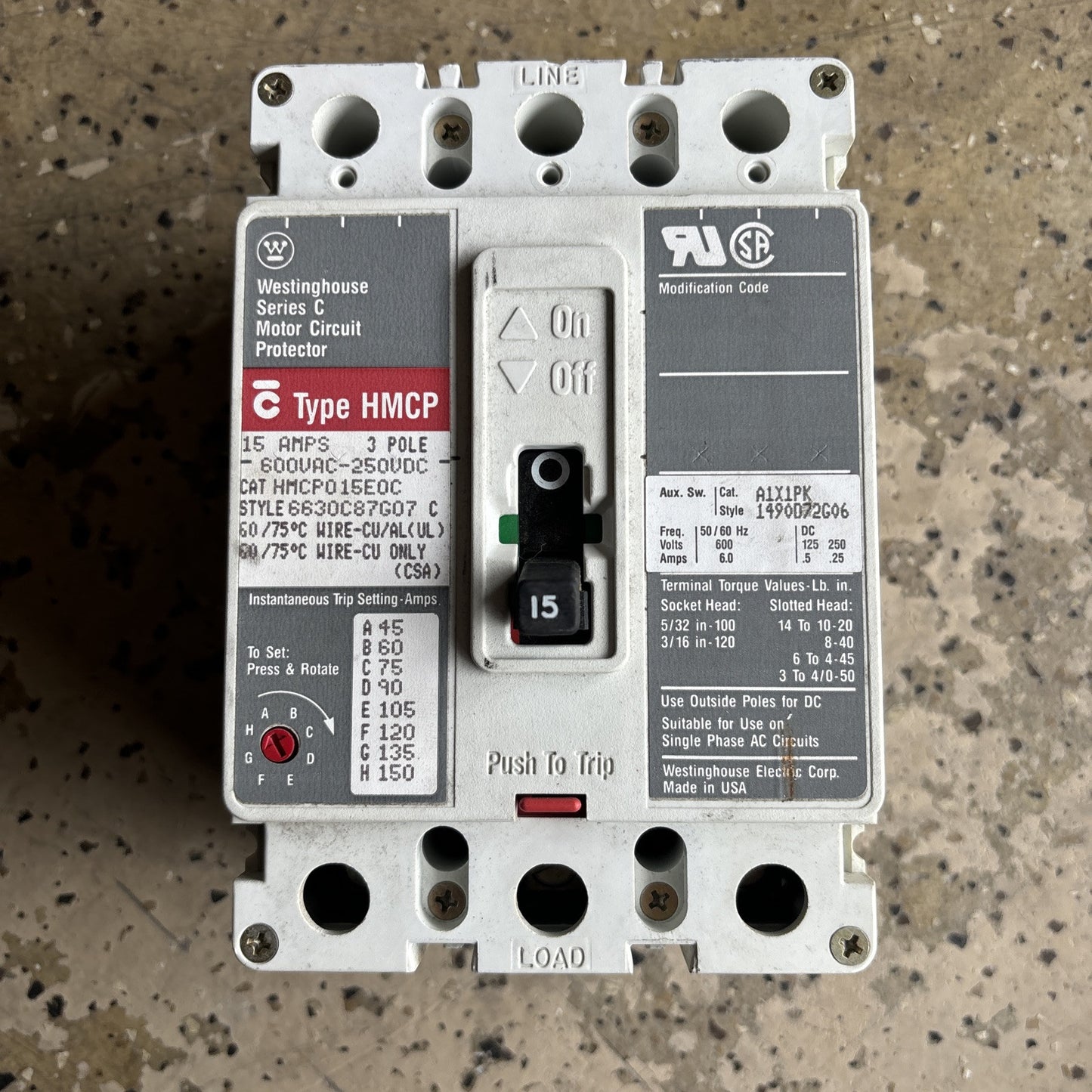 Westinghouse Circuit Breaker HMCP015E0C 15A 600V 3P HMCP0