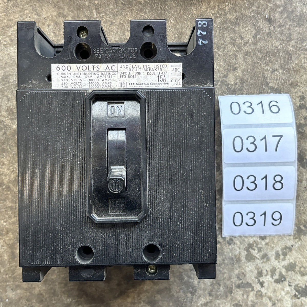 ITE EF3 B015Z Circuit Breaker, 15 Amp, 3 Pole, 600V AC0