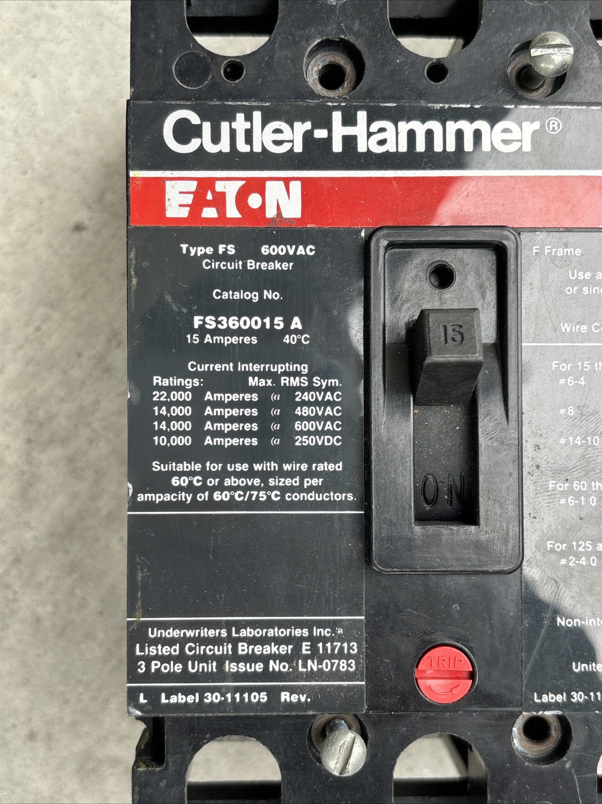 Cutler Hammer FS360015A 15 Amp FS 600 V 3 Pole1