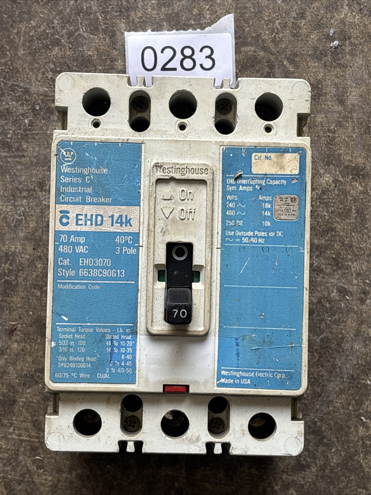 Westinghouse EHD3070 3 Pole 70A 480/240V Circuit Breaker0