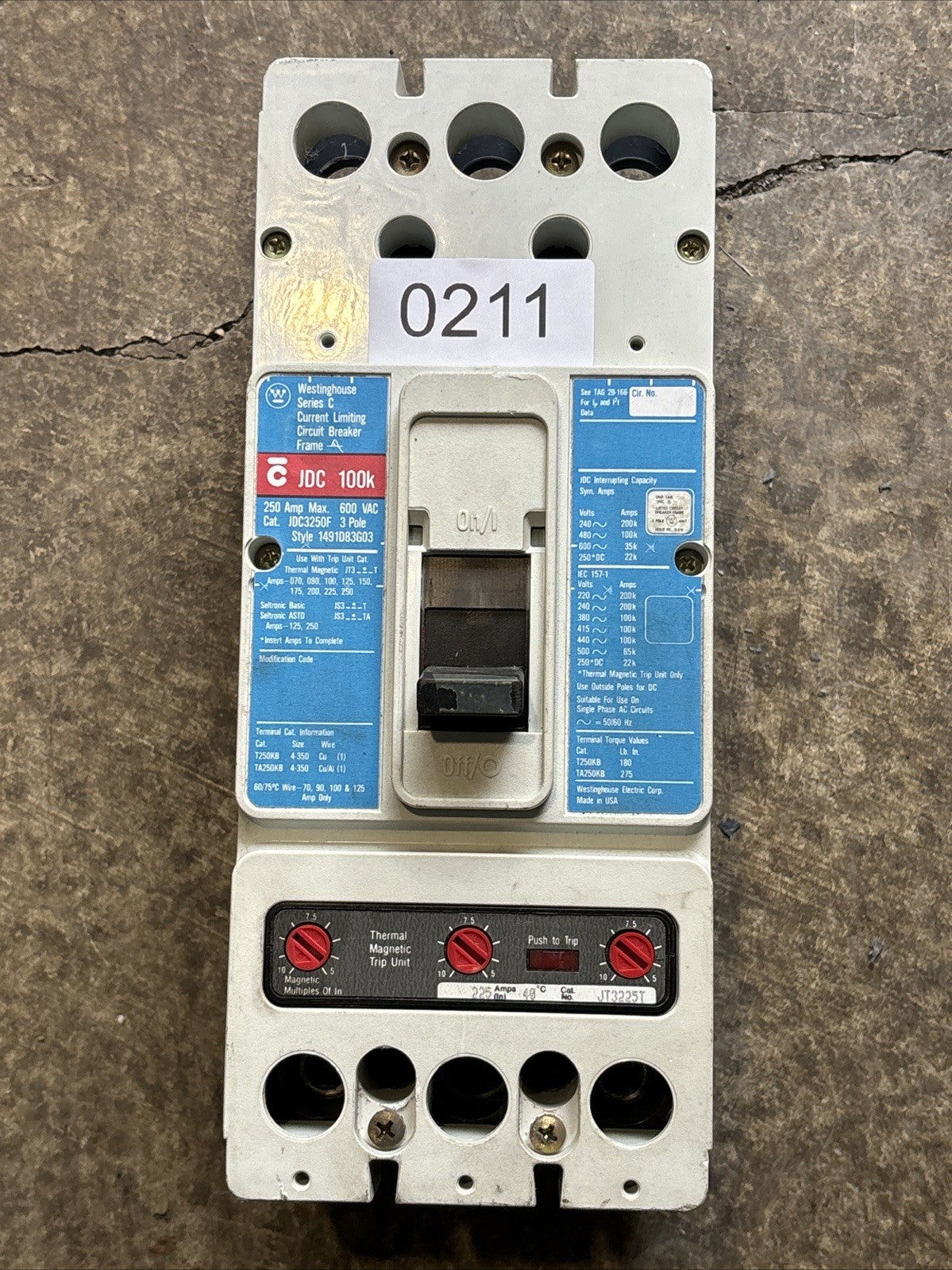 Westinghouse JDC3250F 100K Circuit Breaker 3Pole 600V 250amp0